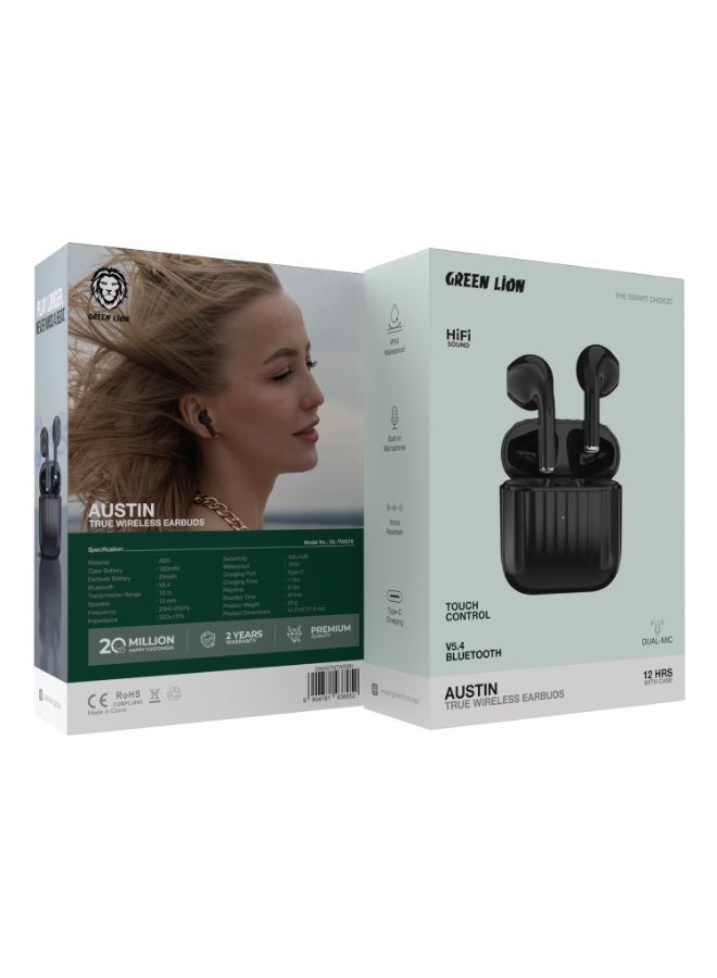 Green Lion Austin True Wireless Earbuds with Built-in Microphone, HD Sound, Dual Microphones, Touch Control, Voice Assistant, Type-C Charging, Up to 3 Hours Playtime - Black - Image 1