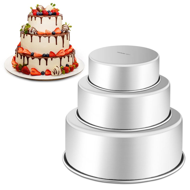 Leonyo Tall Round Cake Pans Set of 3 (6 inch/8 inch/9½ inch), Stainless Steel Round Baking Tier Cake Pans Set, Metal Tier Cake Tins for Birthday Wedding, Nonstick & Healthy, Dishwasher Safe - Image 1
