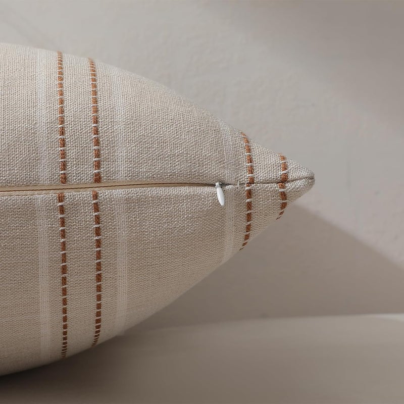 Hckot Rust Throw Pillow Covers 22x22 Set of 2 Striped Fall Pillow Covers Textured Linen Decorative Pillows Square Cushion Covers for Sofa Couch Bed Living Room Farmhouse Decor(Caramel) - Image 4