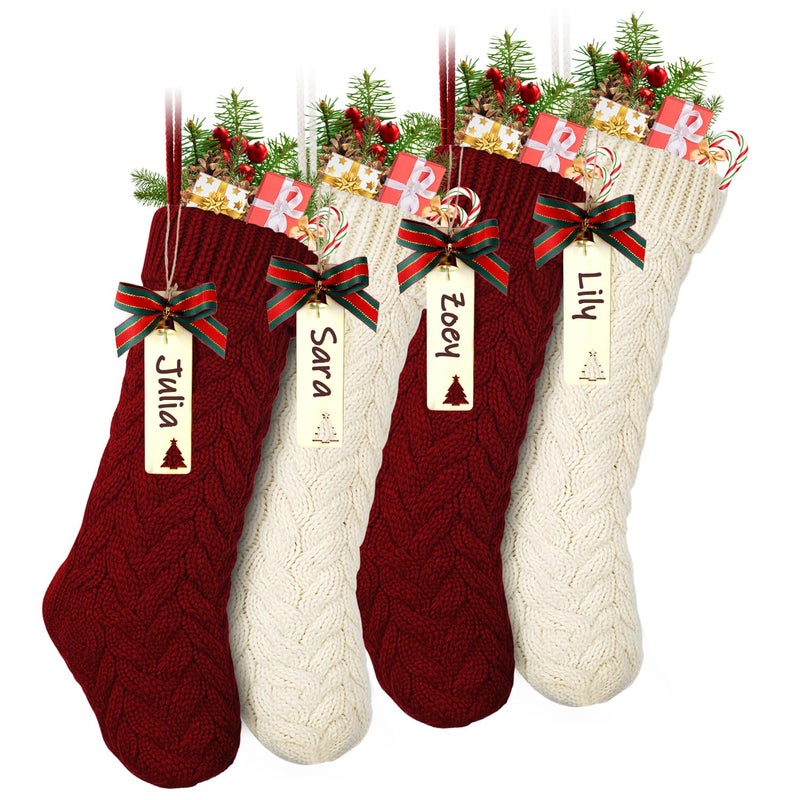 LIBWYS Knit Christmas Dcor Stockings with Name Tags 4 Pack 18 Large Cable Xmas Stockings Classic Burgundy Red Ivory White Chunky Hand Decoration Stockings