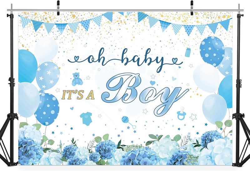 Riyidecor Riyidecor Oh Boy Baby Shower Backdrop 7x5 Feet Cute Cartoon Blue Bear Balloon Floral Flower Gold Dots Photography Background Newborn Party Decoration Supplies Banner Props Photo Shoot Fabric Cloth  - Image 2