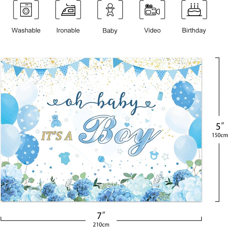 Riyidecor Riyidecor Oh Boy Baby Shower Backdrop 7x5 Feet Cute Cartoon Blue Bear Balloon Floral Flower Gold Dots Photography Background Newborn Party Decoration Supplies Banner Props Photo Shoot Fabric Cloth  - Image 5