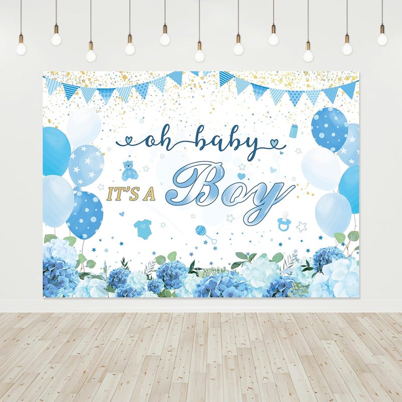 Riyidecor Riyidecor Oh Boy Baby Shower Backdrop 7x5 Feet Cute Cartoon Blue Bear Balloon Floral Flower Gold Dots Photography Background Newborn Party Decoration Supplies Banner Props Photo Shoot Fabric Cloth  - Image 4