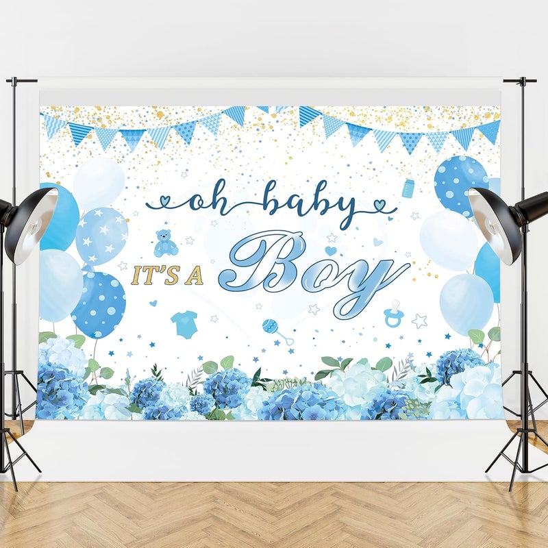 Riyidecor Riyidecor Oh Boy Baby Shower Backdrop 7x5 Feet Cute Cartoon Blue Bear Balloon Floral Flower Gold Dots Photography Background Newborn Party Decoration Supplies Banner Props Photo Shoot Fabric Cloth  - Image 3