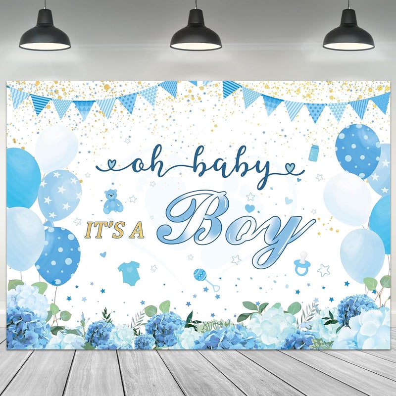 Riyidecor Riyidecor Oh Boy Baby Shower Backdrop 7x5 Feet Cute Cartoon Blue Bear Balloon Floral Flower Gold Dots Photography Background Newborn Party Decoration Supplies Banner Props Photo Shoot Fabric Cloth  - Image 1