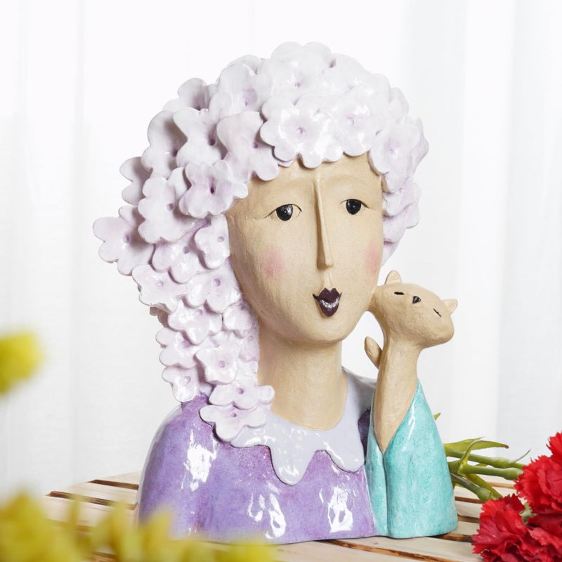 DiliComing Garden-Statues Women-Head Statues for Home Decor - 13 Inch Women with Cat Modern Art Statue, Resin Cat Sculptures for Garden, Tabletop, Livingroom and Office(Purple) - Image 3