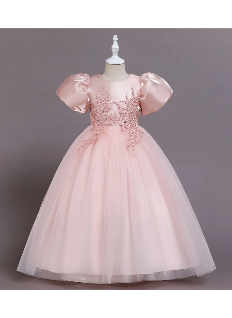 D'Daniela Puff Sleeve Long Tulle Pearl Dress Pink