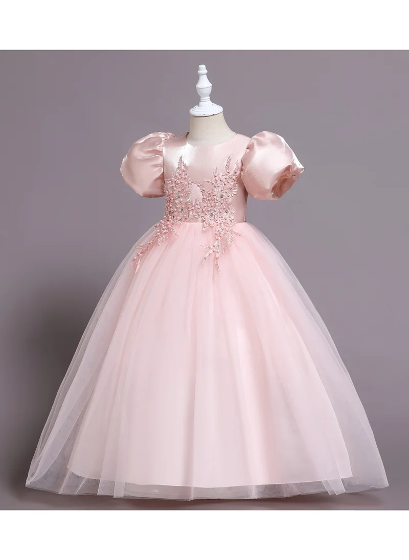 D'Daniela Puff Sleeve Long Tulle Pearl Dress Pink