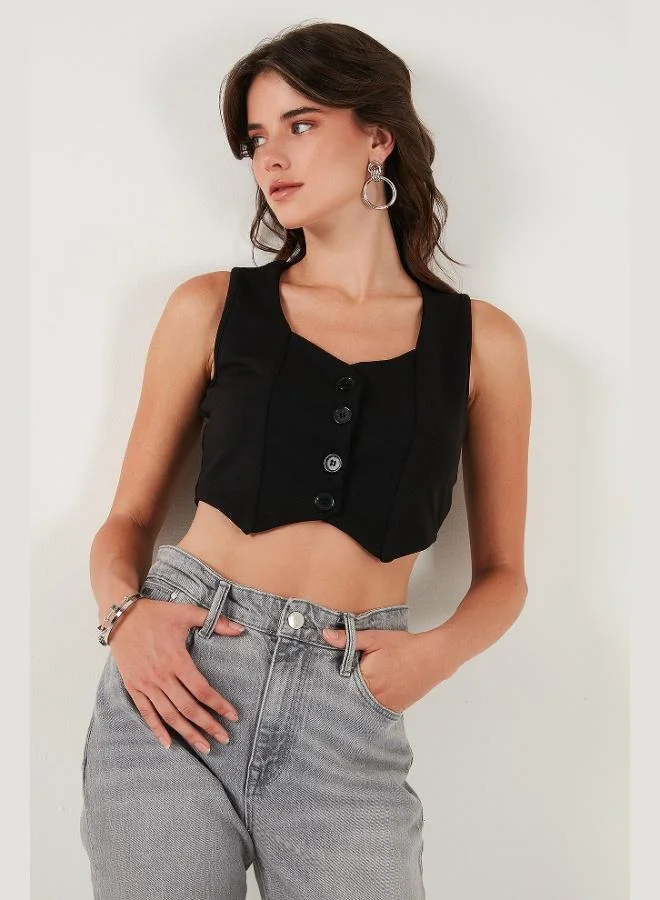 Lela  Lela Slim Fit Heart-Neck Buttoned Thick Strappy Crop Vest Women's VEST 5865497 for Women | Best Price UAE