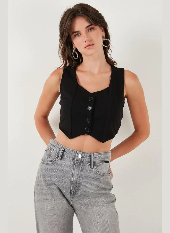 Lela  Lela Slim Fit Heart-Neck Buttoned Thick Strappy Crop Vest Women's VEST 5865497 for Women | Best Price UAE