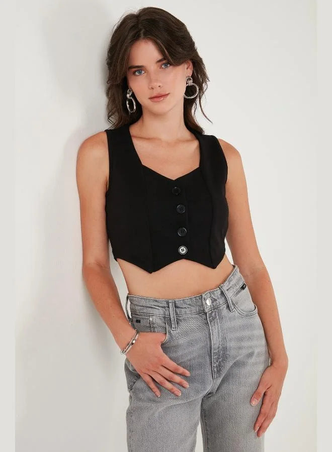 Lela  Lela Slim Fit Heart-Neck Buttoned Thick Strappy Crop Vest Women's VEST 5865497 for Women | Best Price UAE