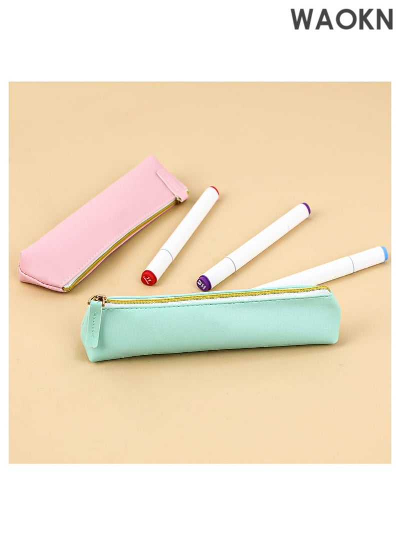 دبليو أيه أو كي أن طقم من قطعتين من حقائب أقلام جلدية - حافظة أقلام صغيرة بتصميم نحيف وسحاب للمدرسة والمكتب والسفر، مصنوعة من جلد البولي يوريثان الفاخر للأقلام وأقلام الرصاص وأقلام التحديد ولوازم الرسم (أزرق ووردي) - حامل أقلام أنيق ومتين بتصميم بسيط - Image 2