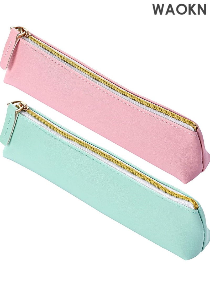 دبليو أيه أو كي أن طقم من قطعتين من حقائب أقلام جلدية - حافظة أقلام صغيرة بتصميم نحيف وسحاب للمدرسة والمكتب والسفر، مصنوعة من جلد البولي يوريثان الفاخر للأقلام وأقلام الرصاص وأقلام التحديد ولوازم الرسم (أزرق ووردي) - حامل أقلام أنيق ومتين بتصميم بسيط - Image 1