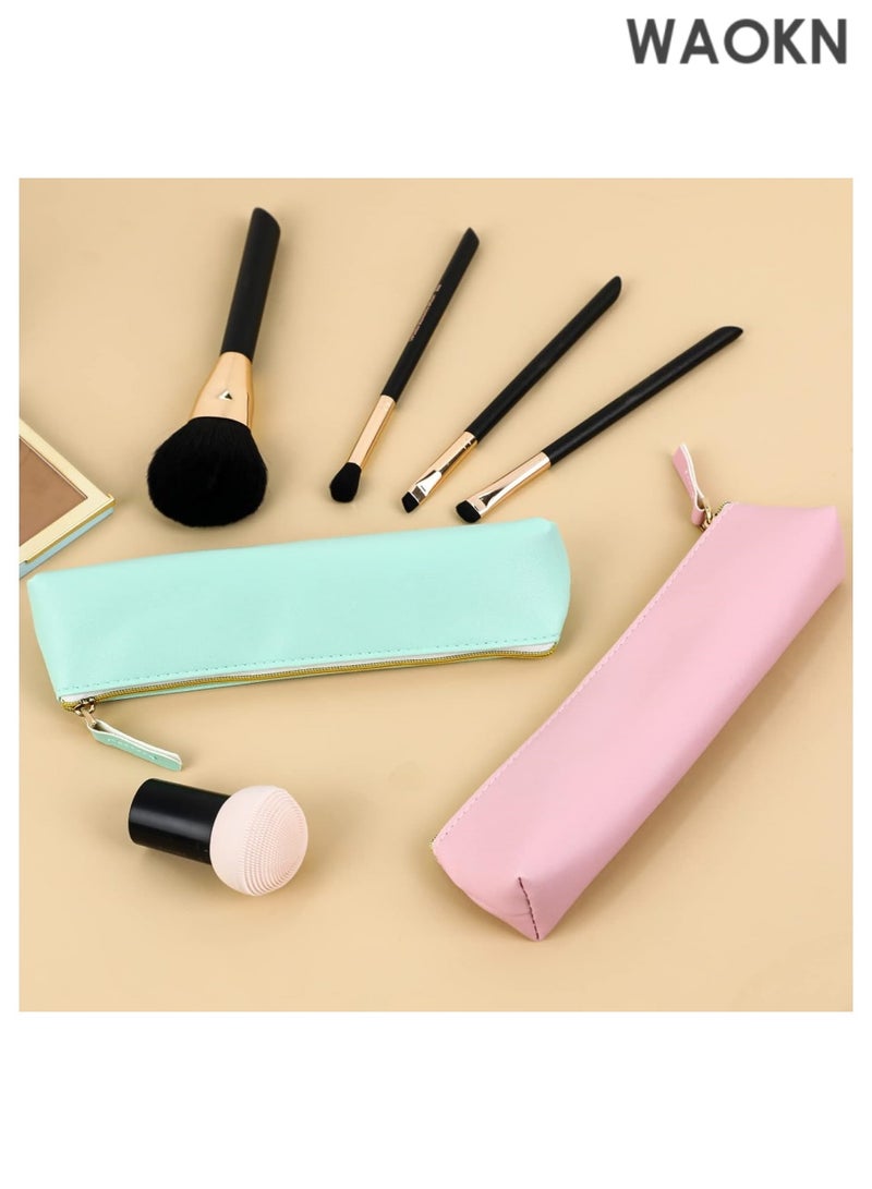 دبليو أيه أو كي أن طقم من قطعتين من حقائب أقلام جلدية - حافظة أقلام صغيرة بتصميم نحيف وسحاب للمدرسة والمكتب والسفر، مصنوعة من جلد البولي يوريثان الفاخر للأقلام وأقلام الرصاص وأقلام التحديد ولوازم الرسم (أزرق ووردي) - حامل أقلام أنيق ومتين بتصميم بسيط - Image 3