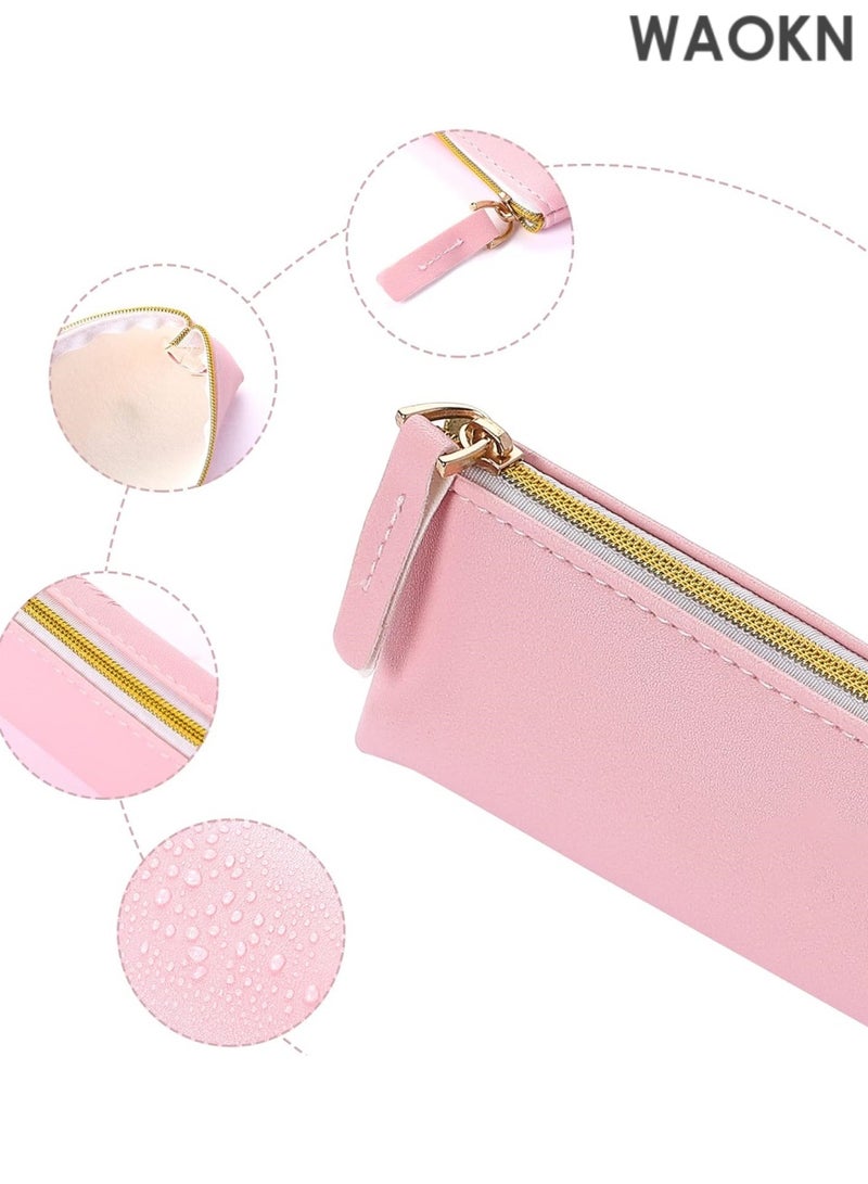 دبليو أيه أو كي أن طقم من قطعتين من حقائب أقلام جلدية - حافظة أقلام صغيرة بتصميم نحيف وسحاب للمدرسة والمكتب والسفر، مصنوعة من جلد البولي يوريثان الفاخر للأقلام وأقلام الرصاص وأقلام التحديد ولوازم الرسم (أزرق ووردي) - حامل أقلام أنيق ومتين بتصميم بسيط - Image 5