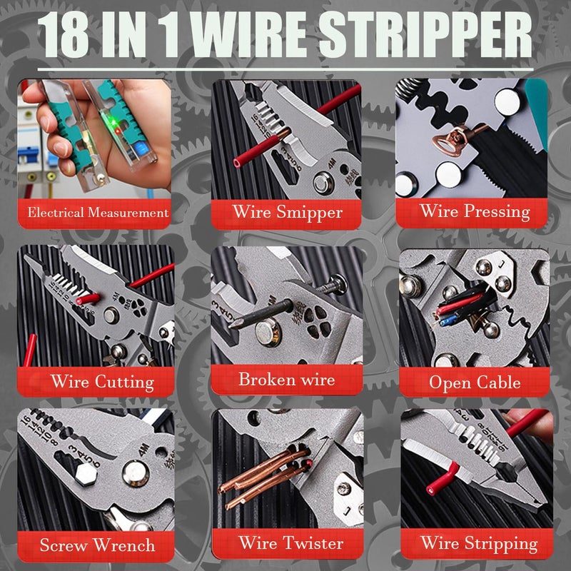 Treayes 18-in-1 Folding Wire Stripper Pliers â€“ Multifunctional Tool with Voltage Detector, Crimper & Stylus Screwdriver for Cutting, Stripping & Pulling Wires - Image 4