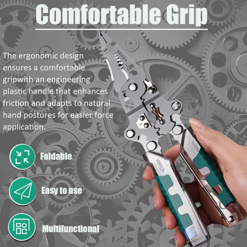 Treayes 18-in-1 Folding Wire Stripper Pliers â€“ Multifunctional Tool with Voltage Detector, Crimper & Stylus Screwdriver for Cutting, Stripping & Pulling Wires - Image 3