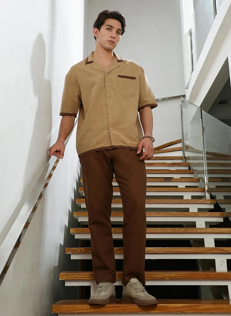 Campus Sutra Men's Beige Cuban Collar Short Sleeve Shirt