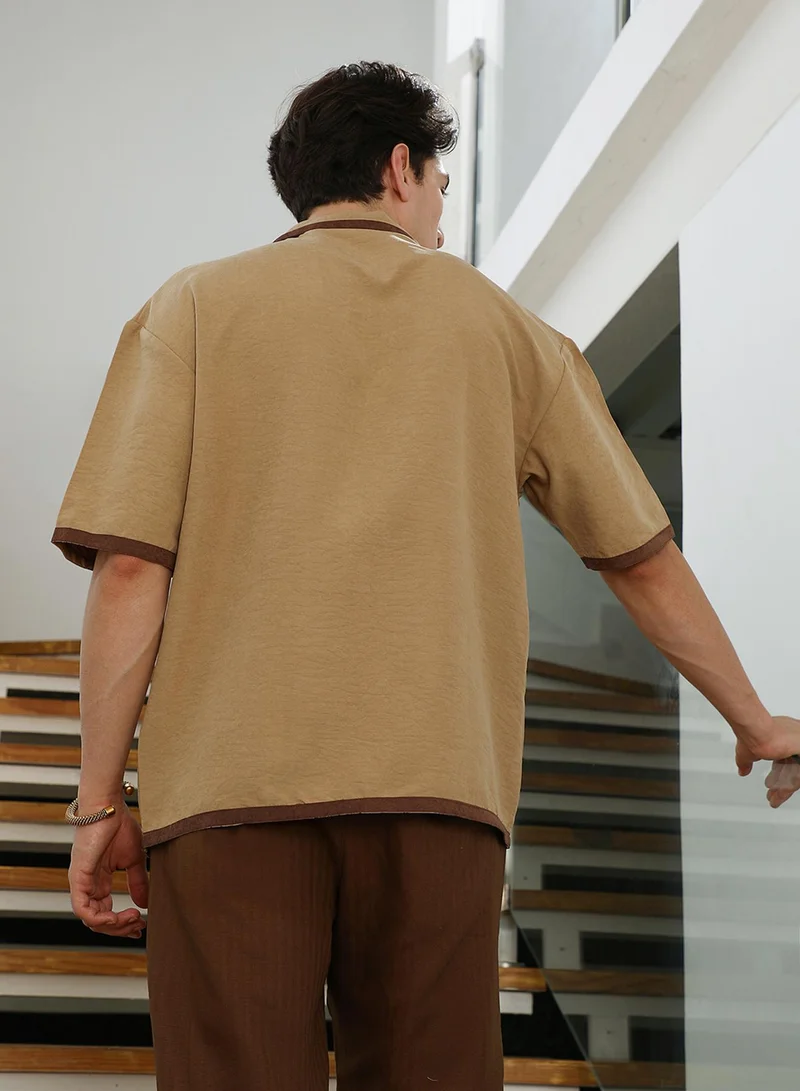 Campus Sutra Men's Beige Cuban Collar Short Sleeve Shirt