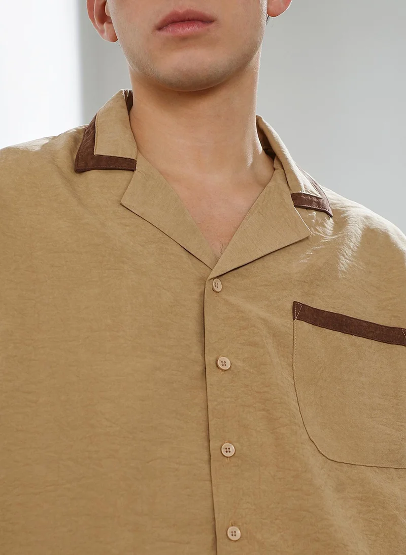 Campus Sutra Men's Beige Cuban Collar Short Sleeve Shirt