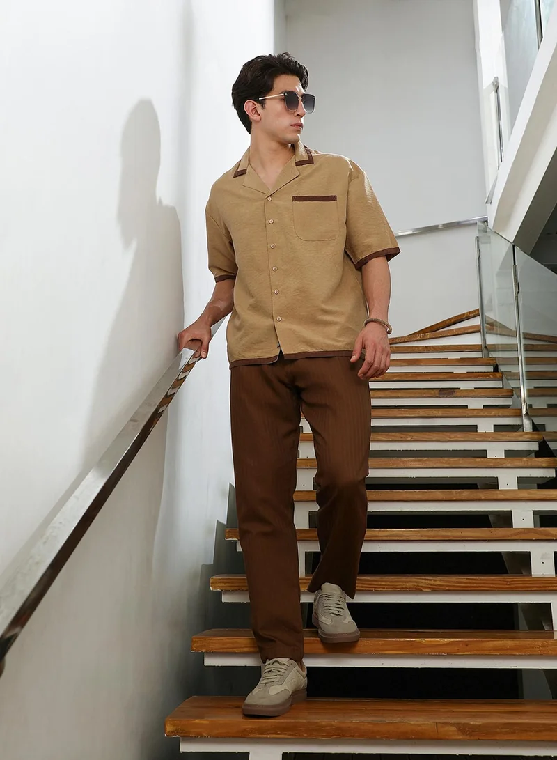Campus Sutra Men's Beige Cuban Collar Short Sleeve Shirt