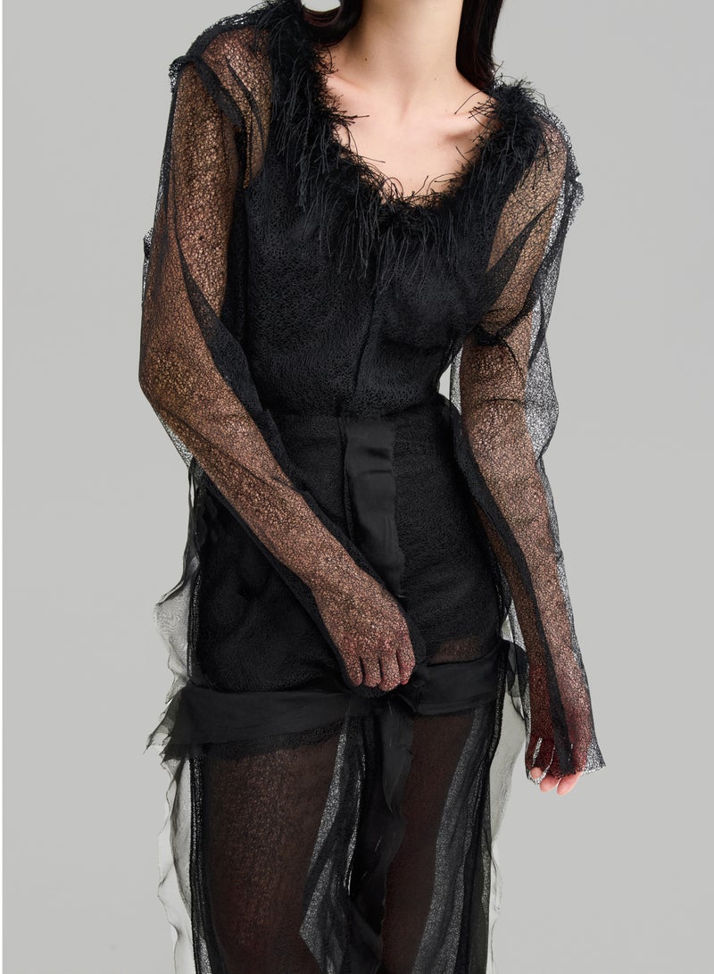 MUST HAVE • BLACK TASSEL MESH LONG SLEEVE TOP  - Image 3