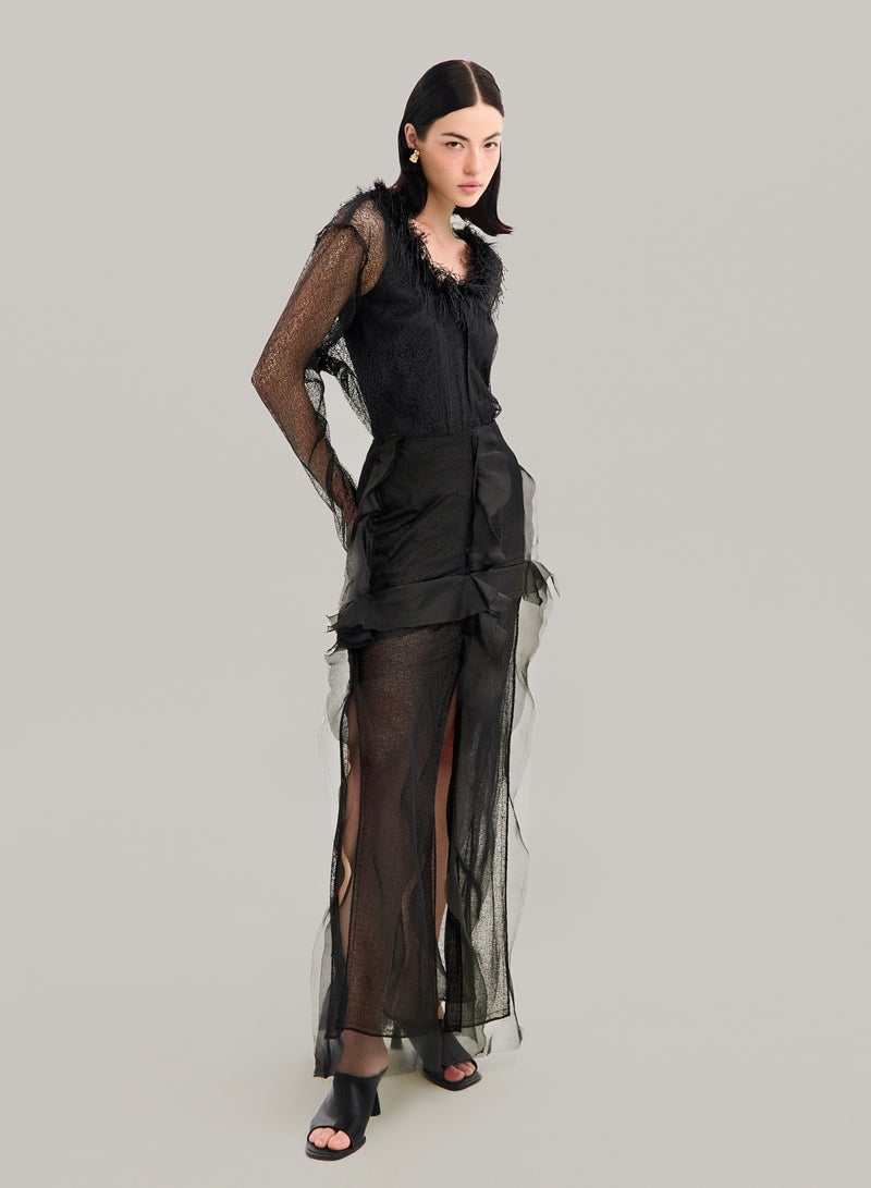 MUST HAVE • BLACK TASSEL MESH LONG SLEEVE TOP  - Image 1