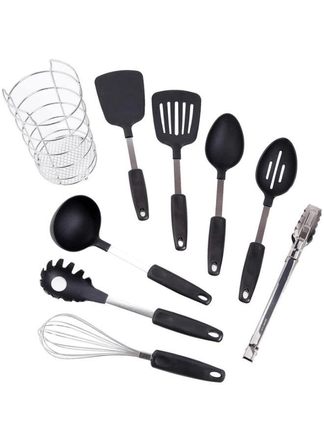 طقم أدوات مطبخ Chefs Better Basics مكون من 9 قطع مع حامل سلكي باللونين الأسود والفضي