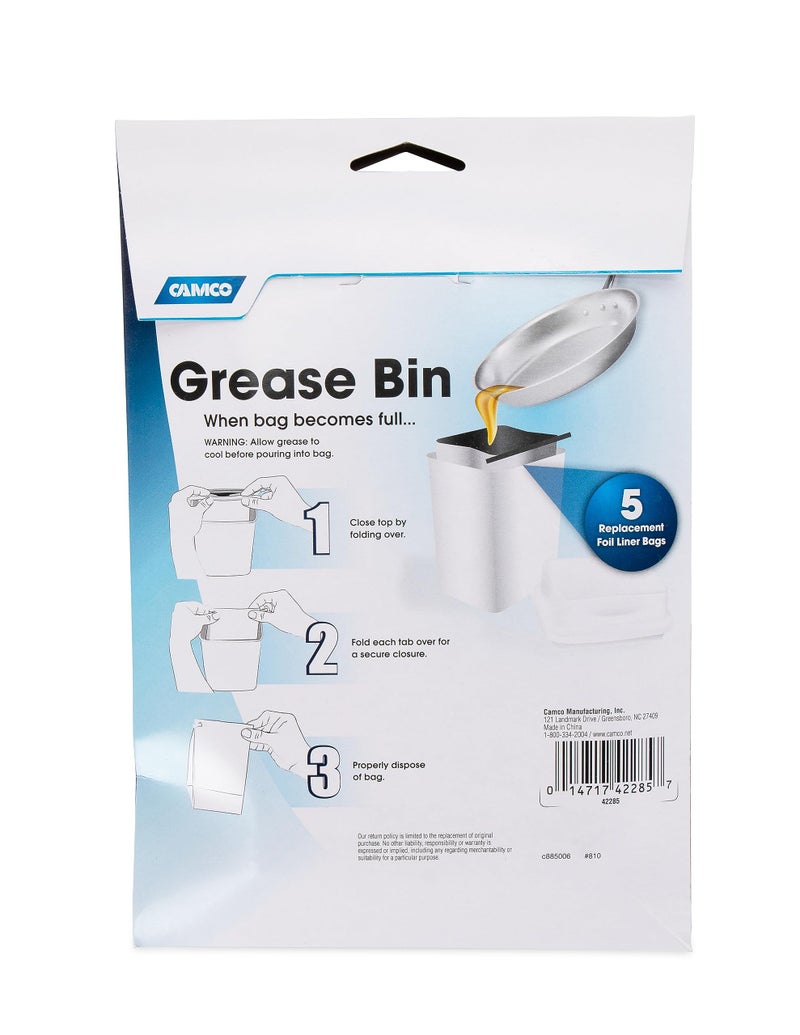 Camco Replacement Grease Storage Bags - Easily Contain and Dispose Used Cooking Grease, Foil Lined Bags Seal in Odor, Prevent Drain Clogs - 5 Pack (42285), White - Image 5