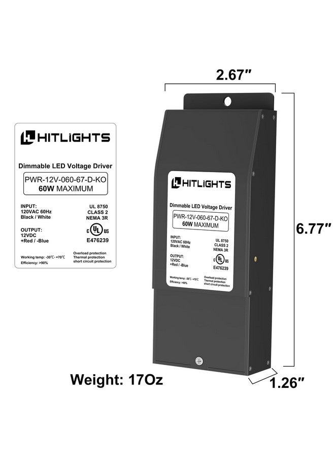 HitLights 60W 12V DC LED Dimmable Driver, 120V AC Input to 12V DC Output Class 2 LED Transformer, Compatible with Lutron and Leviton for LED Strip Lights Black - Image 2