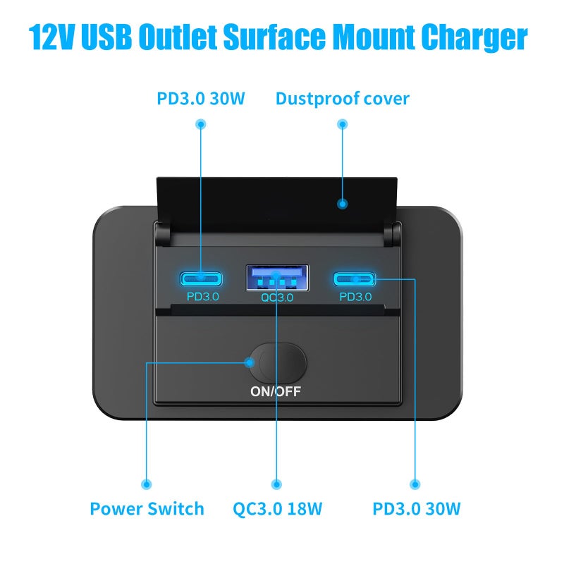 Hapytrip 78W 12V USB Outlet Surface Mount Lightweight Dual USB C 30W and QC 3.0 18W Car USB Port, 12 Volt USB Cigarette Lighter Replacement Charger Socket Panel with Button Switch for RV Bus Marine Motorcycle - Image 2