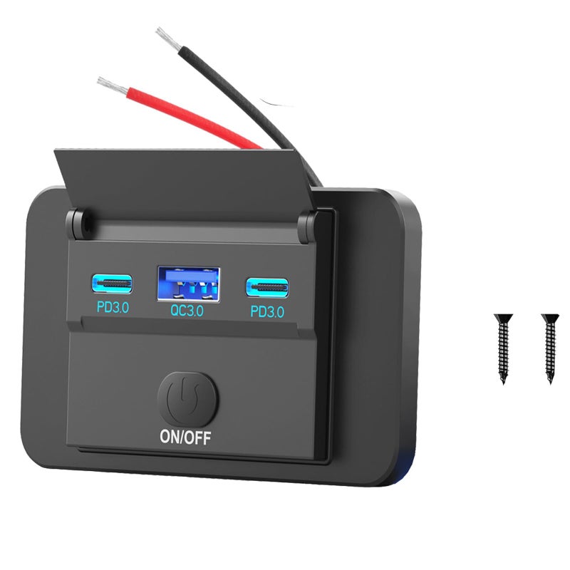 Hapytrip 78W 12V USB Outlet Surface Mount Lightweight Dual USB C 30W and QC 3.0 18W Car USB Port, 12 Volt USB Cigarette Lighter Replacement Charger Socket Panel with Button Switch for RV Bus Marine Motorcycle - Image 1