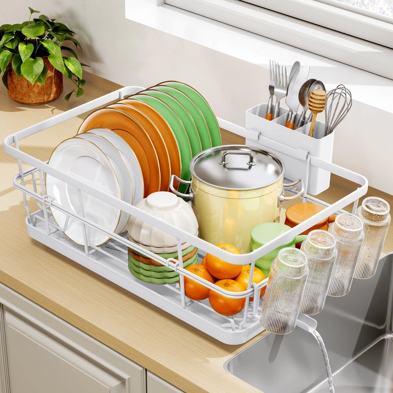 TOOLF Large Dish Drying Rack for Kitchen Counter,Kitchen Dish Racks with Drainboard,Sink Dish Strainer Rack,Countertop Dish Drainer Rack with Cup & Utensil Holders,White - Image 1