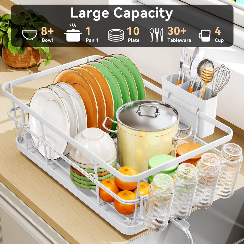 TOOLF Large Dish Drying Rack for Kitchen Counter,Kitchen Dish Racks with Drainboard,Sink Dish Strainer Rack,Countertop Dish Drainer Rack with Cup & Utensil Holders,White - Image 3