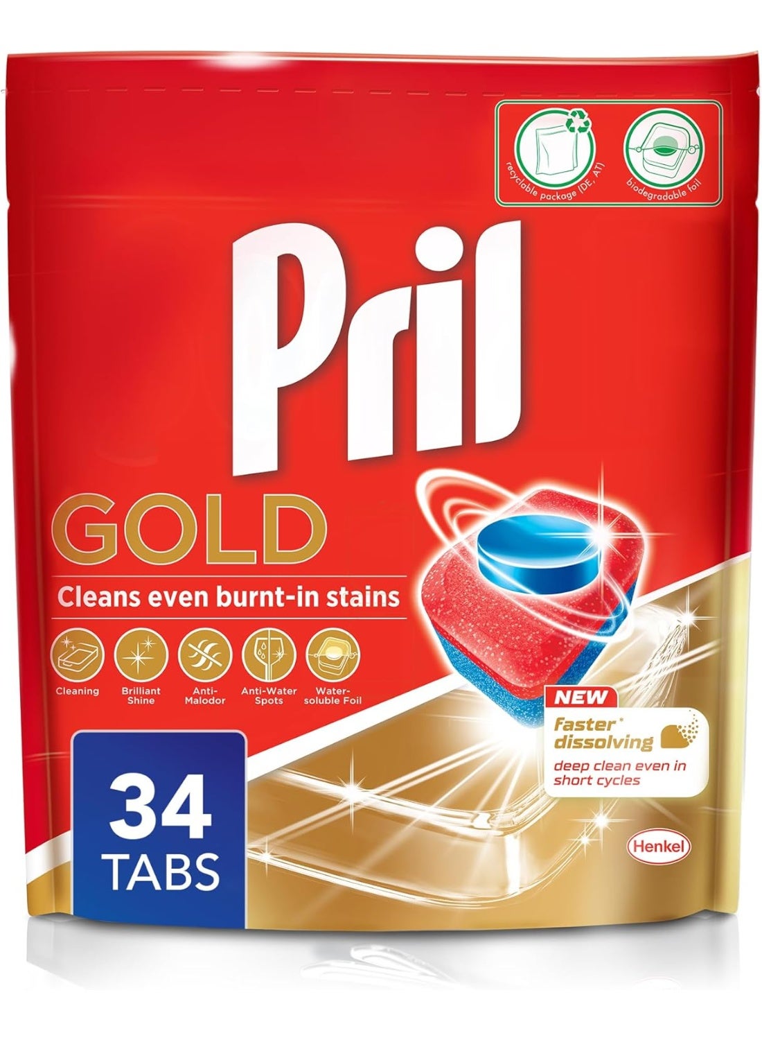 Pril Gold Automatic Dishwashing Tablets 34 Tabs Faster dissolving tab with deep clean and action against burnt in stains