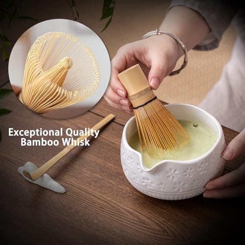 Buucup Matcha Whisk Set, Ceramic Matcha Kit Set Includes Matcha Bowl, Matcha Whisk and Holder, Bamboo Scoop, Scoop Rest, Sifter and Tea Towel - 7 Pcs Matcha Kit for Matcha Lovers(White) - Image 4