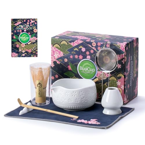 Buucup Matcha Whisk Set, Ceramic Matcha Kit Set Includes Matcha Bowl, Matcha Whisk and Holder, Bamboo Scoop, Scoop Rest, Sifter and Tea Towel - 7 Pcs Matcha Kit for Matcha Lovers(White) - Image 1