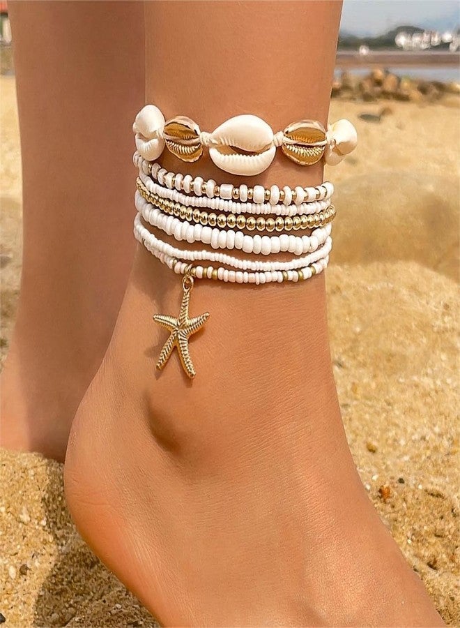 Nanafast Beaded Boho Anklets for Women, Beachy Shell Anklets for Women, Puka Shell & Starfish Charms Beach Jewelry Adjustable-White - Image 4