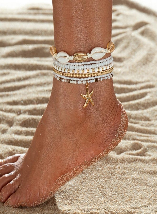 Nanafast Beaded Boho Anklets for Women, Beachy Shell Anklets for Women, Puka Shell & Starfish Charms Beach Jewelry Adjustable-White - Image 3