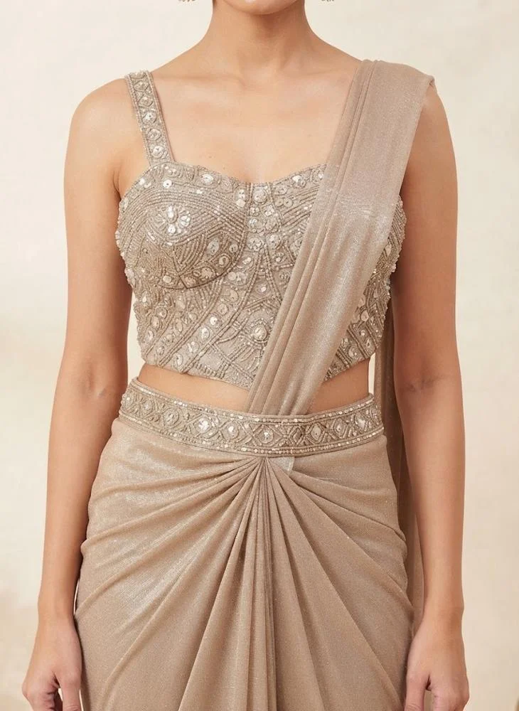 Viny VINY Champagne 3-Piece Embellished Saree Set – Women's Indian Ethnic Wear