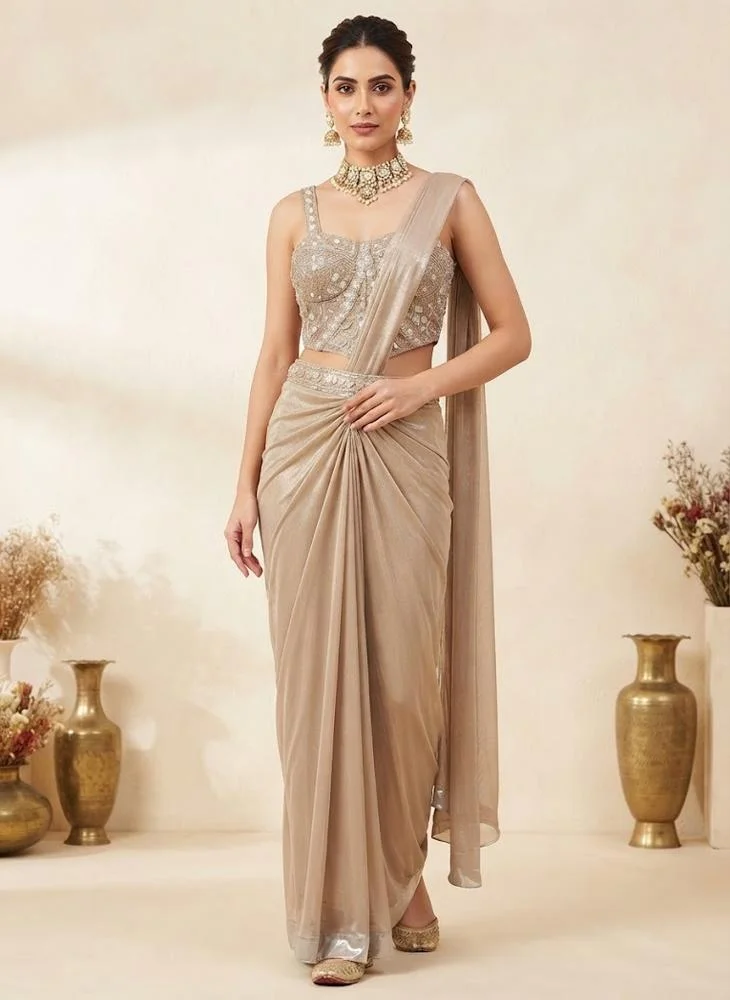 Viny VINY Champagne 3-Piece Embellished Saree Set – Women's Indian Ethnic Wear