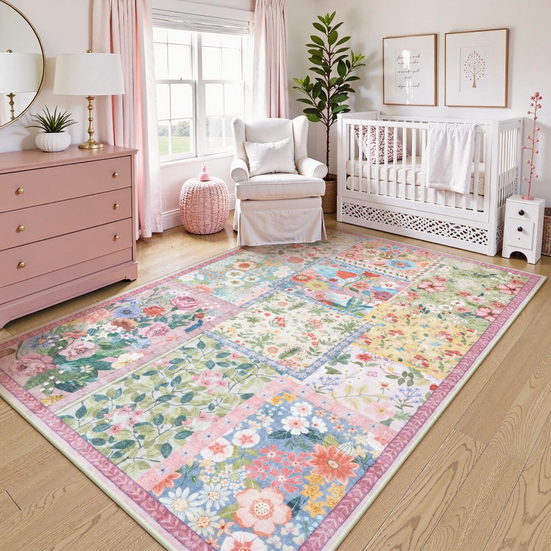 LIVEBOX 5 x 7 Pink Rugs for Bedroom Girls, Soft Patchwork Pink Rug for Living Room, Non-Slip Nursery Rug Girl, Washable Rugs 5x7 Carpet for Playroom - Image 1