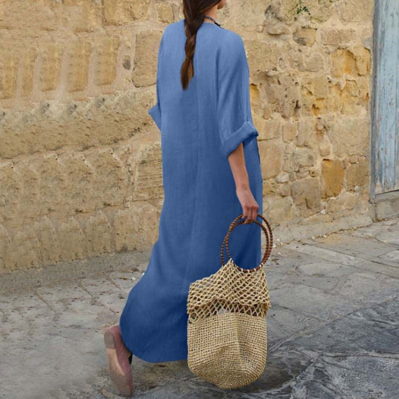 Women's V-Neck Denim Dress Loose Casual Long Dress with Pockets - Image 3