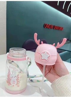 Exotic Kids Water Bottle with Straw, 580ml, Deer Antler Creative Cartoon Design - BPA-Free, Portable Sports Drink Bottle with Silicone Nozzle and Shoulder Hanging Belt for School, Sport, Indoor & Outdoor (Color - Pink)  - Image 3