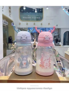 Exotic Kids Water Bottle with Straw, 580ml, Deer Antler Creative Cartoon Design - BPA-Free, Portable Sports Drink Bottle with Silicone Nozzle and Shoulder Hanging Belt for School, Sport, Indoor & Outdoor (Color - Pink)  - Image 4