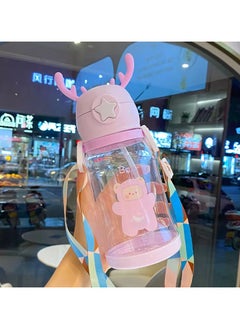 Exotic Kids Water Bottle with Straw, 580ml, Deer Antler Creative Cartoon Design - BPA-Free, Portable Sports Drink Bottle with Silicone Nozzle and Shoulder Hanging Belt for School, Sport, Indoor & Outdoor (Color - Pink)  - Image 2