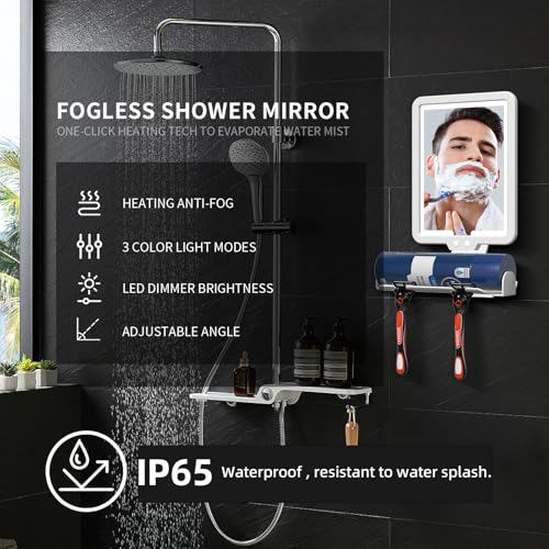 Suupvaor Lighted Shower Mirror Fogless for Shaving, Heated Fog Free Large 9.5*7inch 3 Color Modes Dimming Shower Shaving Mirror with Light, Rechargeable Anti-Fog Shower Mirror with Storage Tray & Razor Holders - Image 2