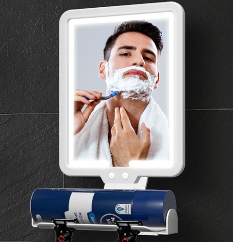 Suupvaor Lighted Shower Mirror Fogless for Shaving, Heated Fog Free Large 9.5*7inch 3 Color Modes Dimming Shower Shaving Mirror with Light, Rechargeable Anti-Fog Shower Mirror with Storage Tray & Razor Holders - Image 1