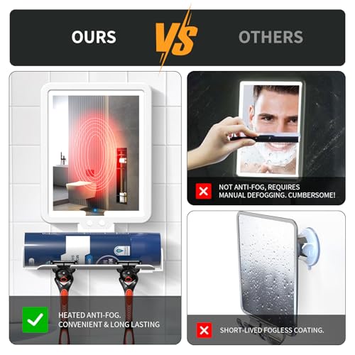Suupvaor Lighted Shower Mirror Fogless for Shaving, Heated Fog Free Large 9.5*7inch 3 Color Modes Dimming Shower Shaving Mirror with Light, Rechargeable Anti-Fog Shower Mirror with Storage Tray & Razor Holders - Image 3
