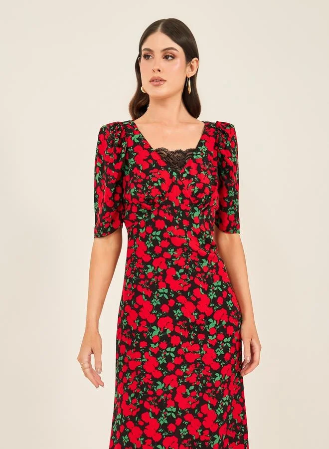 Styli Styli Floral Print Short Sleeves Sheath Midi Dress